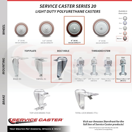 Service Caster 4 Inch SS Maroon Polyurethane Swivel 10mm Threaded Stem Caster Brake, 2PK SSTS20S414-PPUB-MRN-TLB-M1015-2-S-2